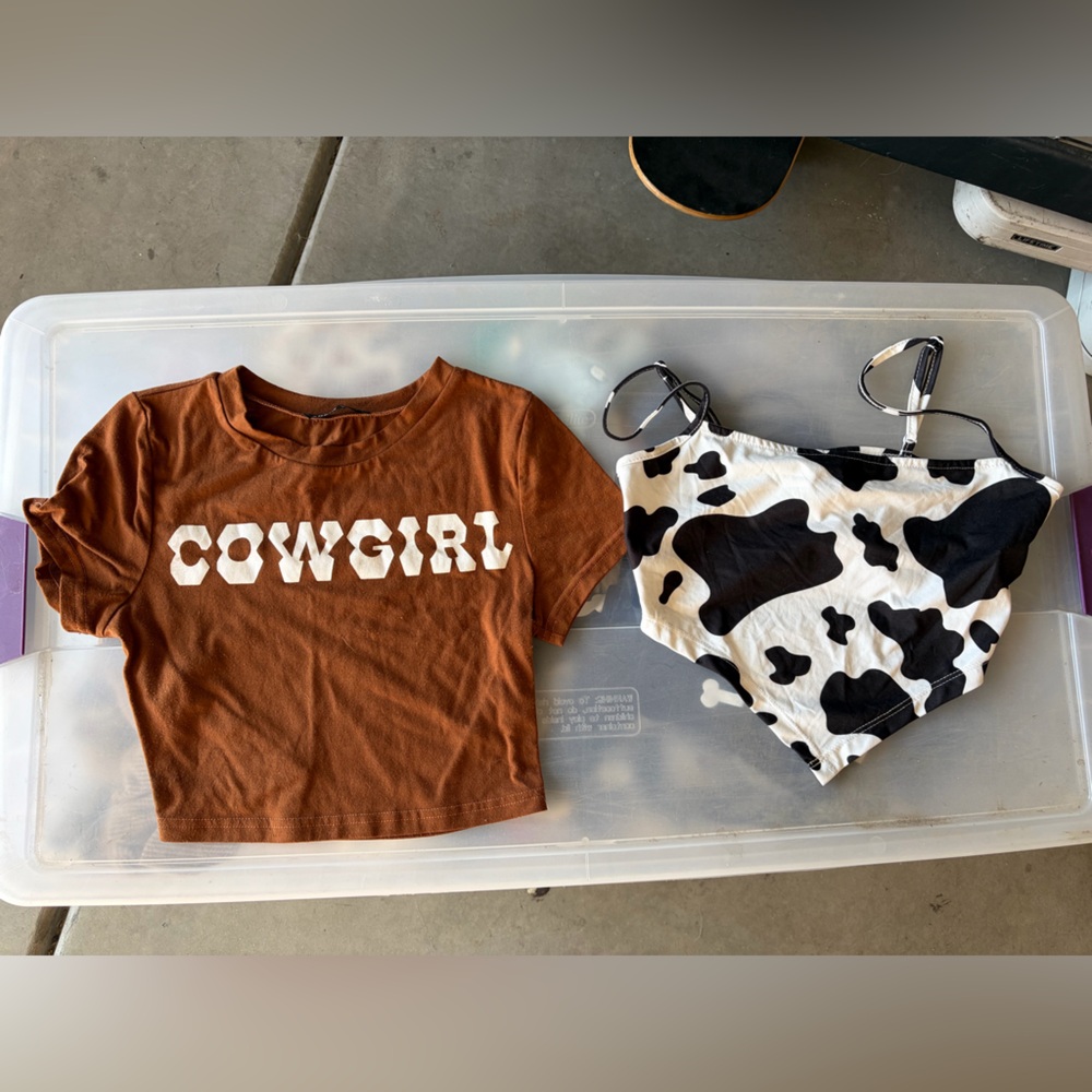 Cowgirl Brown Crop with Cow Printed shirt